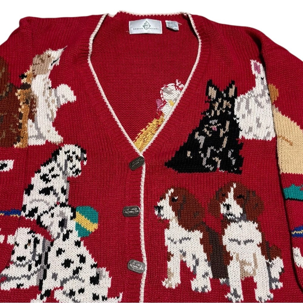Vintage Design Options Dog Pets Red Ramie Cotton Cardigan Sweater Women's Medium - Picture 2 of 10